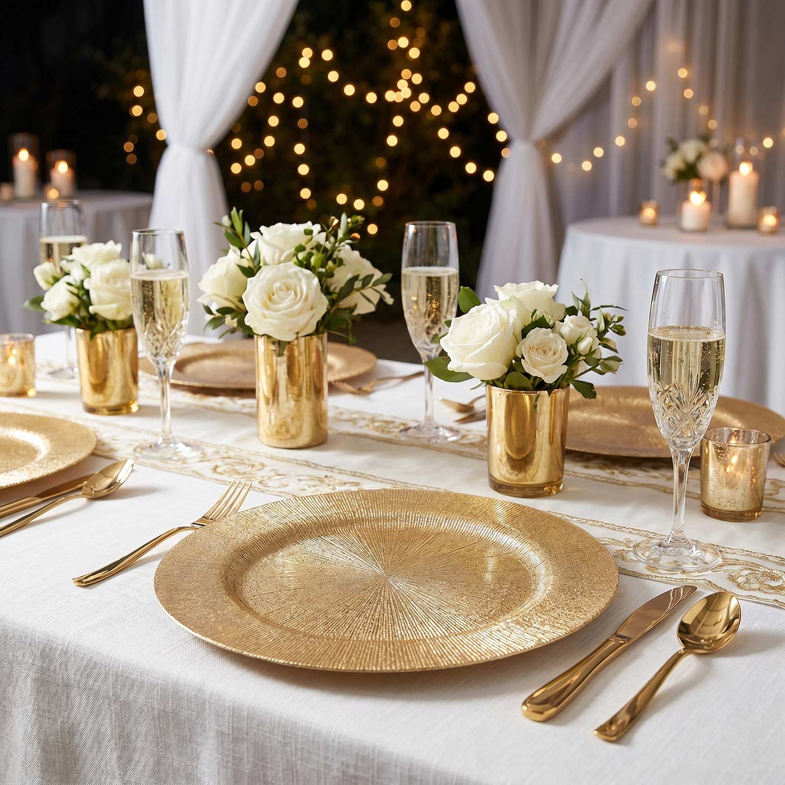6 Pack Gold Acrylic Charger Plates 13", Round Sunburst Textured Table Chargers